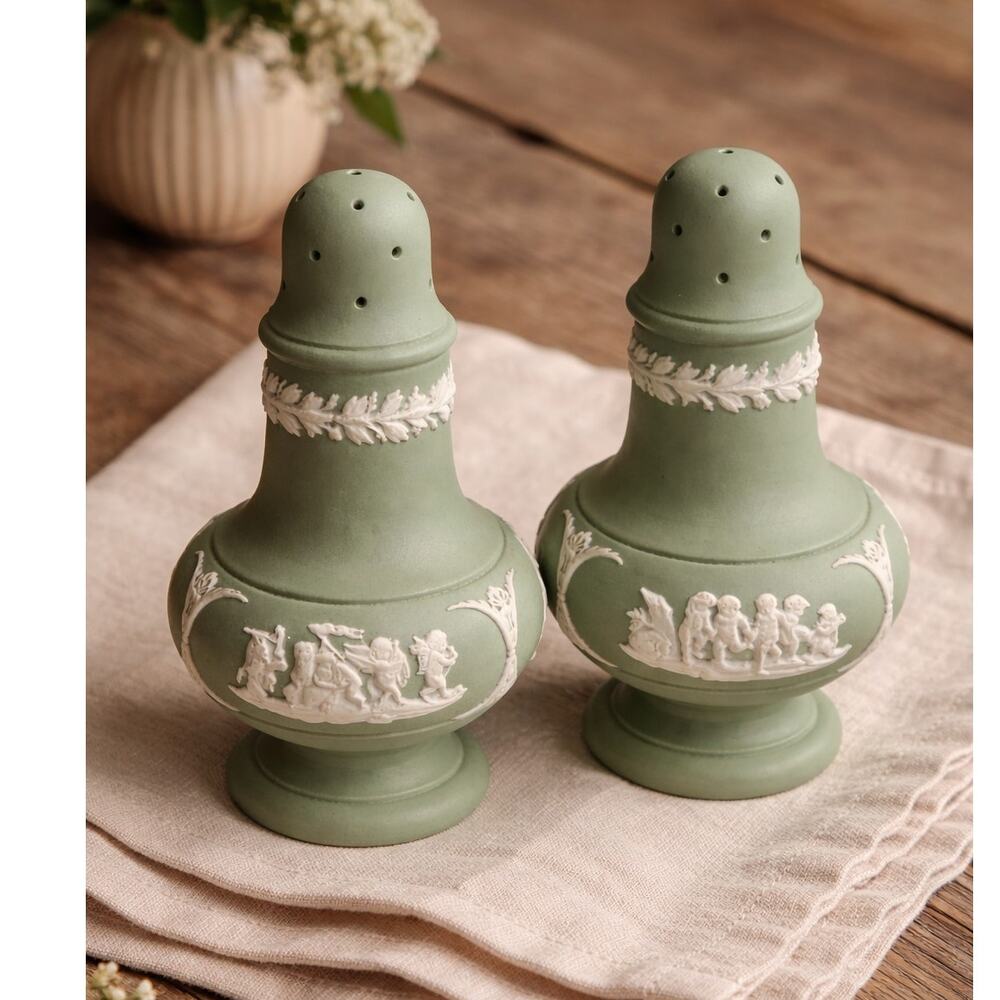 Wedgwood Jasperware sage green salt and pepper shaker set white relief england